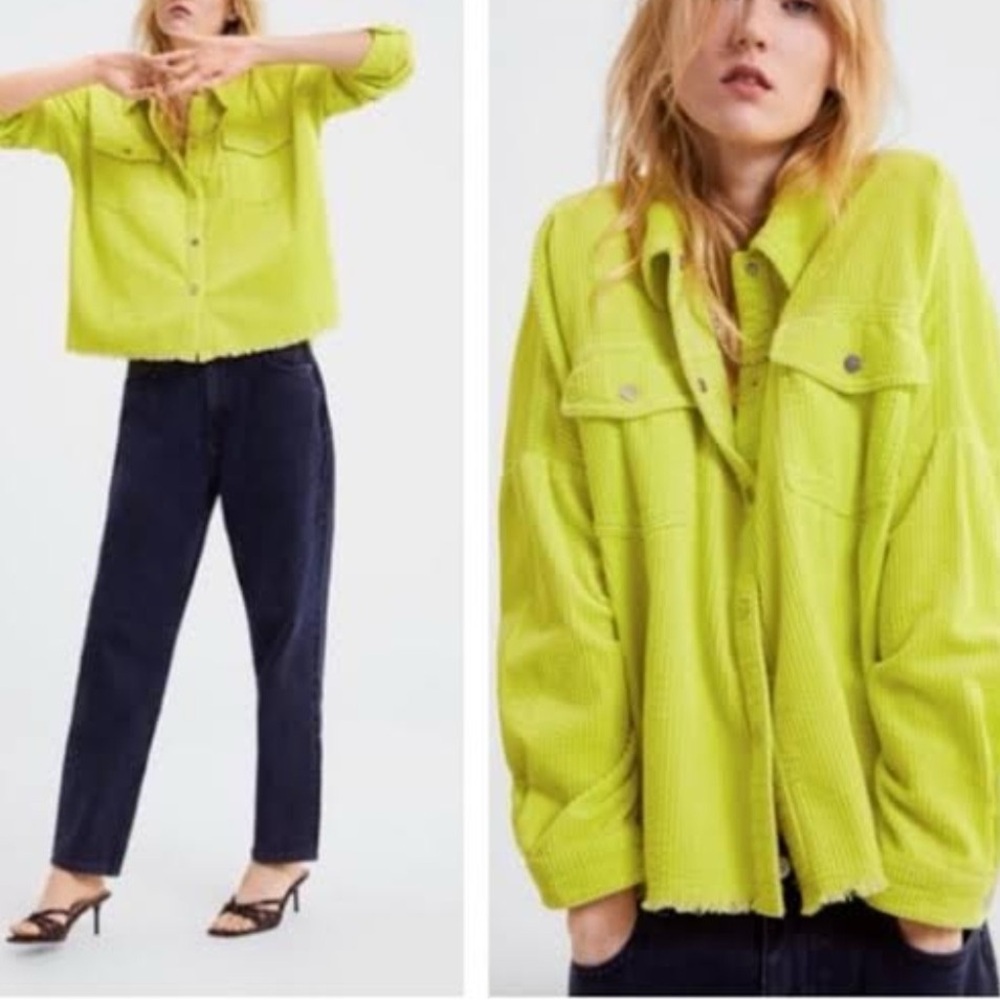 Zara Neon Yellow Corduroy Oversized Shirt Jacket